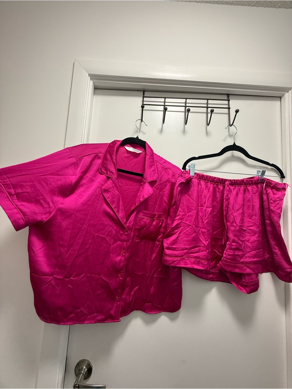 Women's Hot Pink Satin Short Pajama Set - Top & Shorts Size L